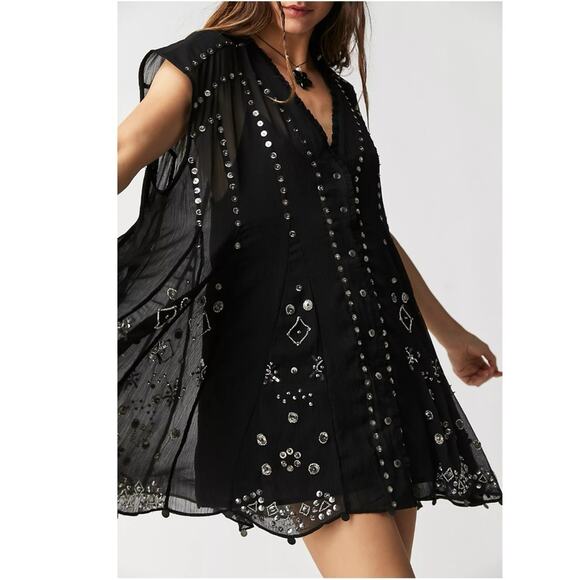 Free People Bohemian Gypsy Witchy Beaded Aston Dress Black Small Sheer Bells - Picture 4 of 14